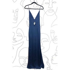 Fame & Partners Navy Blue Cut Out Satin Maxi Dress Gown Size 2